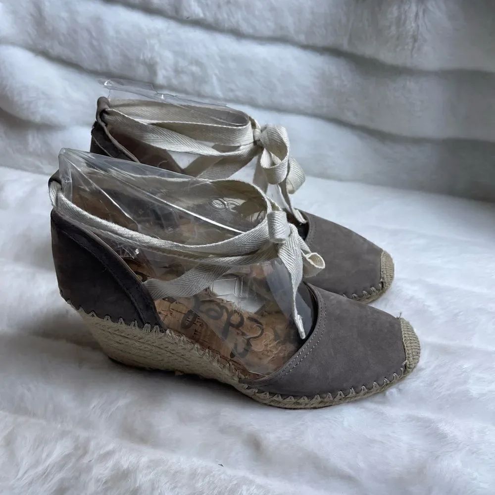 Sam Edelman patsy leather suede taupe Espadrilles wedge lace up sandals …